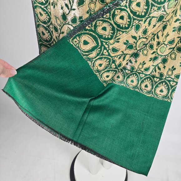 Vintage Kashmiri Embroidery Green & Gold Wrap Scarf Made In India - Picture 5 of 7
